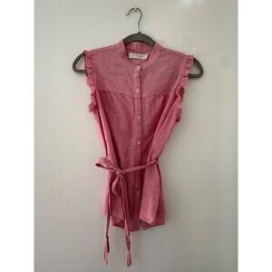 VTG Carven Femme Pinstripe Button up Ruffle Blouse SZ M red sleeveless top Belt